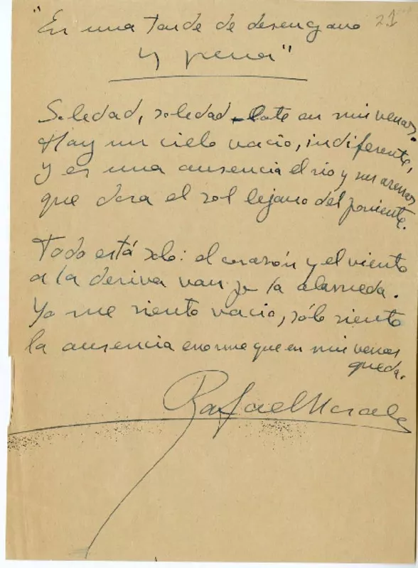 En una tarde de desengaño y pena  [manuscrito] Rafael Morales.