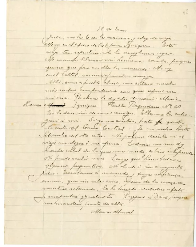 [Carta] [1914] enero 18, Santiago, Chile [a] Julio Munizaga  [manuscrito] María Monvel.