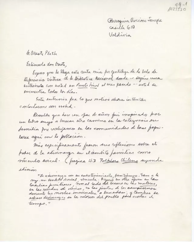 [Carta] [1980], Parroquia Preciosa Sangre, Valdivia, Chile [a] Oreste Plath  [manuscrito] Tomás Hemm.