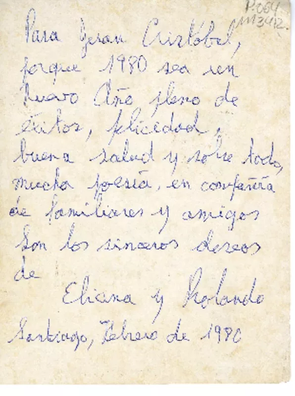 [Tarjeta postal] 1980 Febrero, Santiago, Chile [a] Juan Cristobal  [manuscrito] Jorge Teillier.