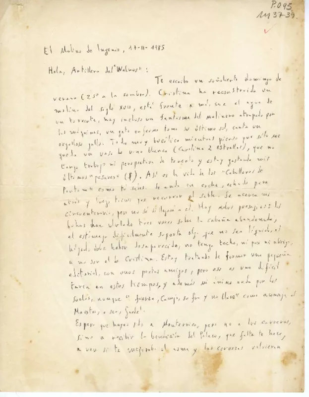 [Carta] 1985 febrero 17, La Ligua, Chile [al] Almirante Simpson 7  [manuscrito] Jorge Teillier.