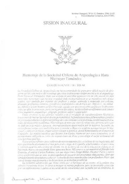Homnenaje de la Sociedad Chilena de Arqueología a Hans Niemeyer Fernández  [artículo] Carlos Aldunate del Solar.