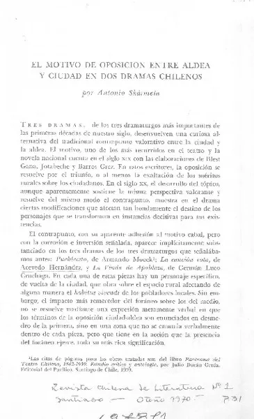El motivo de oposición entre aldea y ciudad en dos dramas chilenos  [artículo] Antonio Skármeta.