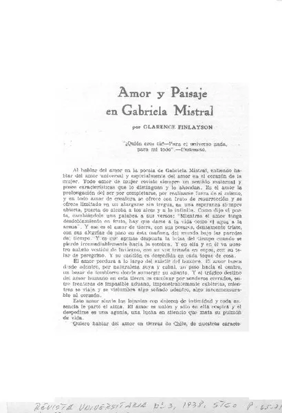 Amor y paisaje en Gabriela Mistral  [artículo] Clarence Finlayson.