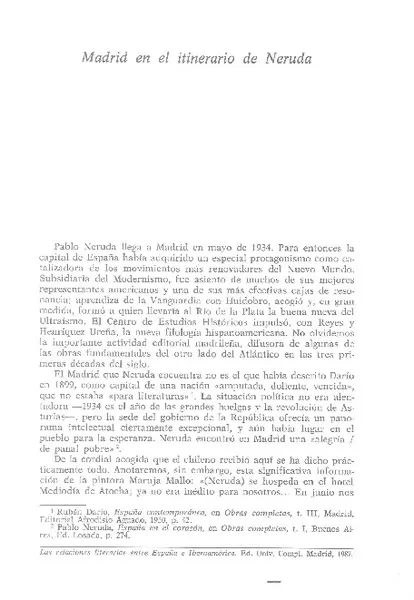 Madrid en el itinerario de Neruda  [artículo] Luis Sáinz de Medrano.
