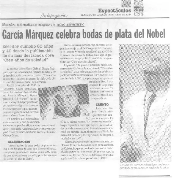 García Márquez celebra bodas de plata del Nobel  [artículo].