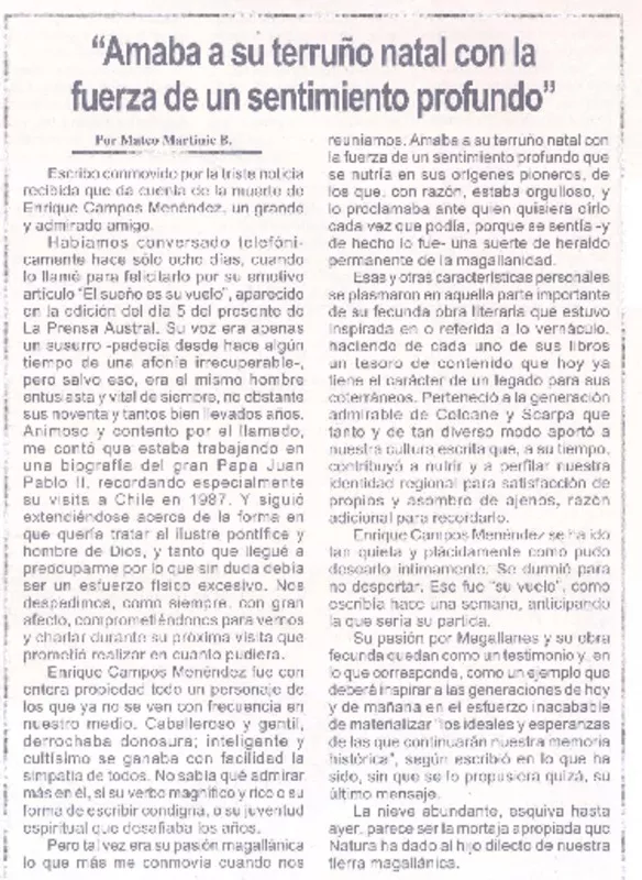 Amaba a su terruño natal con la fuerza de un sentimiento profundo  [artículo] Mateo Martinic B.