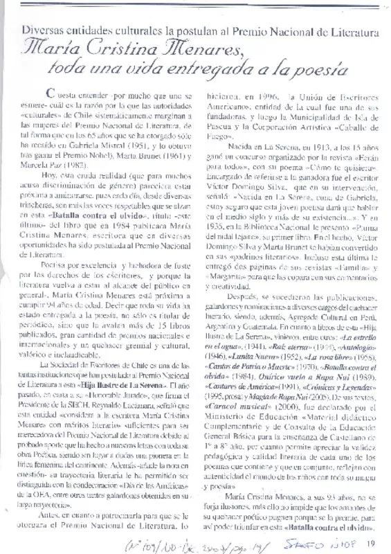María Cristina Menares, toda una vida entregada a la poesía  [artículo].