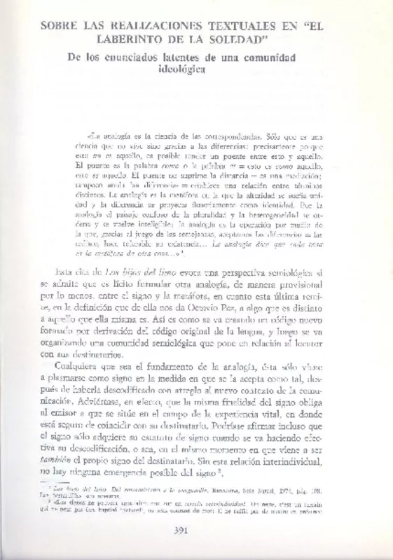 Sobre las realizaciones textuales en "El laberinto de la soledad"  [artículo] Edmond Cros.