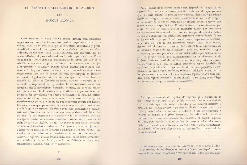 El respeto valorizador de Azorín  [artículo] Enrique Azcoaga.