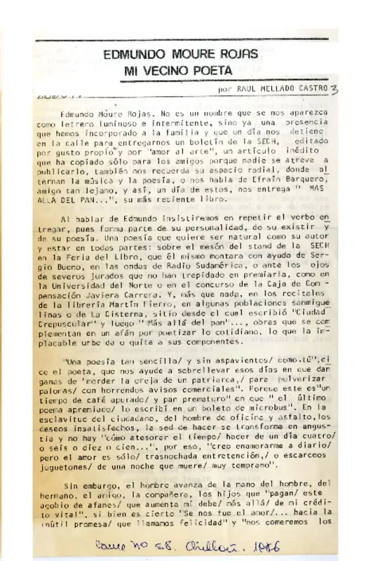 Edmundo Moure Rojas, mi vecino poeta  [artículo] Raúl Mellado Castro.