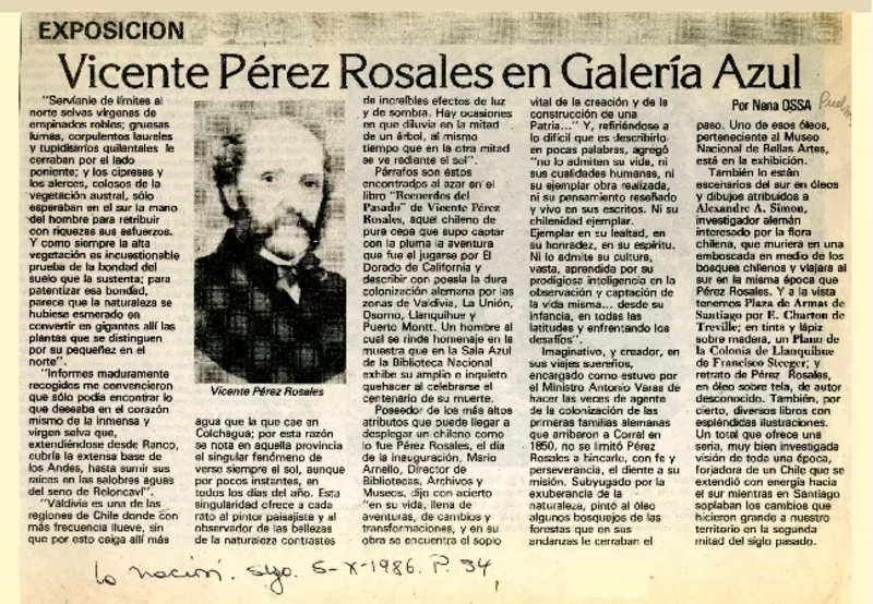 Vicente Pérez Rosales en Galería Azul  [artículo] Nena Ossa.