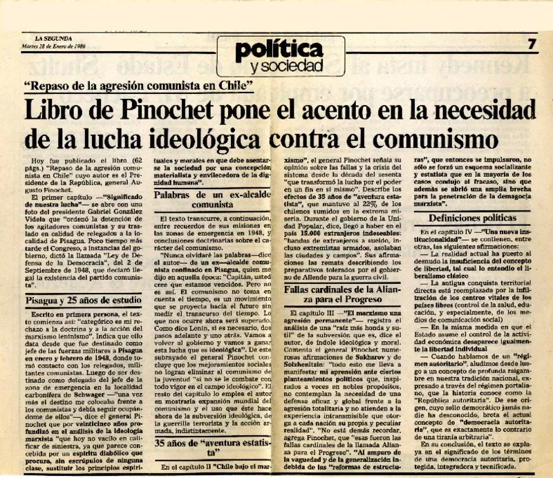 Libro de Pinochet pone el acento en la necesidad de la lucha ideológica contra el comunismo  [artículo].