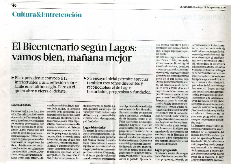 El Bicentenario según Lagos  [artículo] Crstóbal Bellolio.