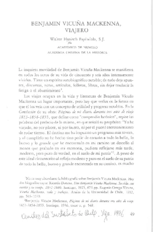 Benjamín Vicuña Mackenna, viajero  [artículo] Walter Hanisch Espíndola.