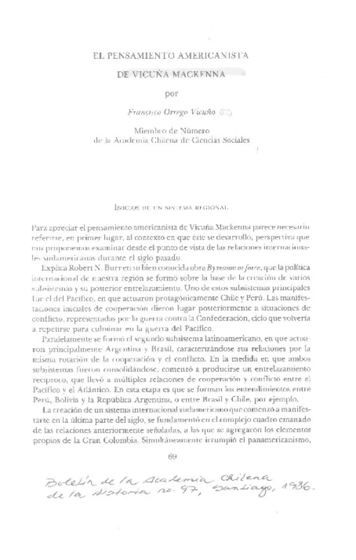 El pensamiento americanista de Vicuña Mackenna  [artículo] Francisco Orrego Vicuña.