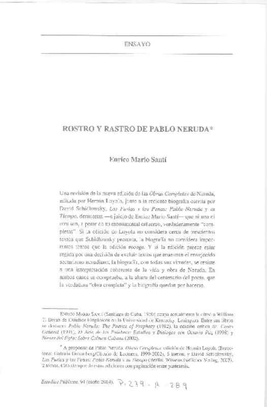 Rostro y rastro de Pablo Neruda  [artículo] Enrico Mario Santí.