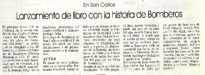 Lanzamiento de libro con la historia de Bomberos.  [artículo]