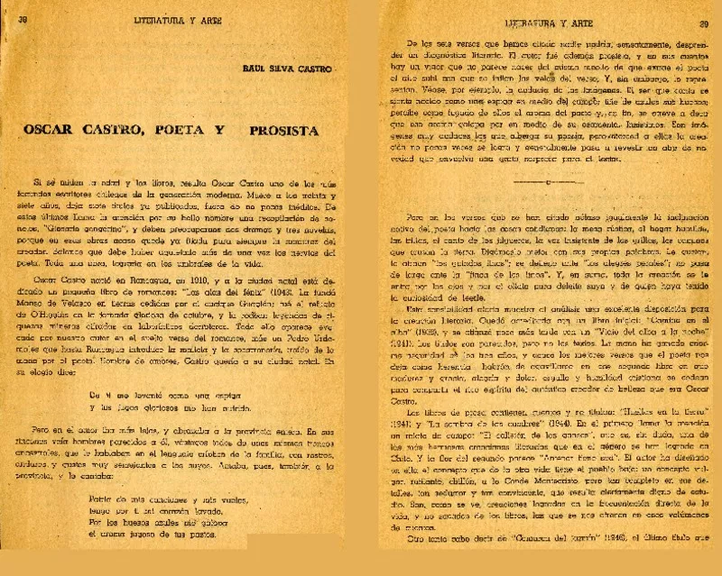 Oscar Castro, poeta y prosista  [artículo] Raúl Silva Castro.