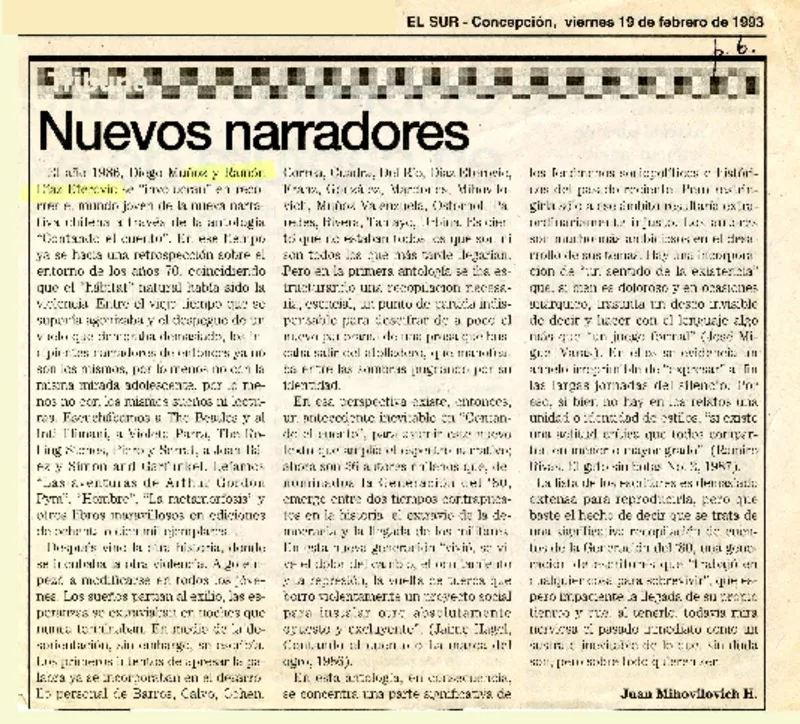 Nuevos narradores  [artículo] Juan Mihovilovic.