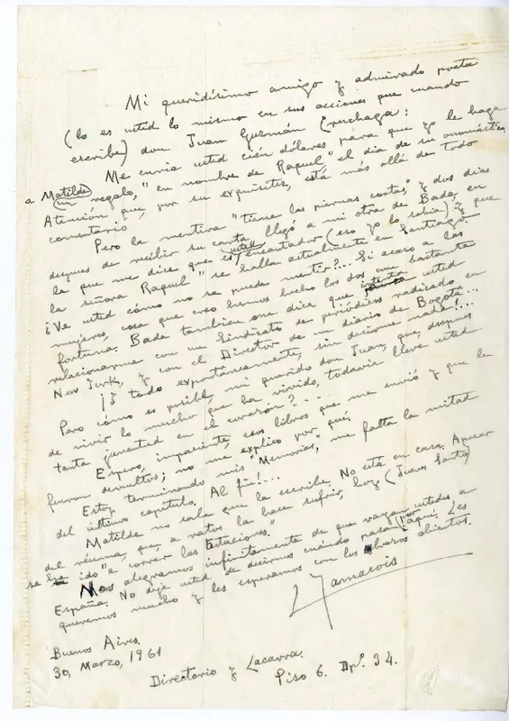 [carta] 1961, marzo 30, Buenos Aires, Argentina [a] Juan Guzmán Cruchaga  [manuscrito] Eduardo Yamarois.