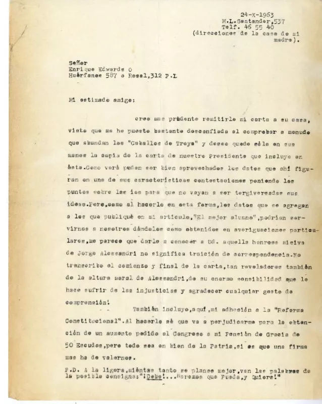 [Carta] 1963 octubre 24, Santiago, Chile [a] Enrique Edwards Orrego  [manuscrito] Magdalena Petit.