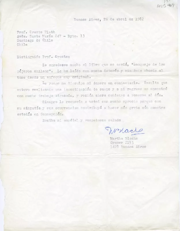 [Carta] 1982 abril 26, Buenos Aires, Argentina [a] Oreste Plath, Santiago de Chile  [manuscrito] Martha Blache.