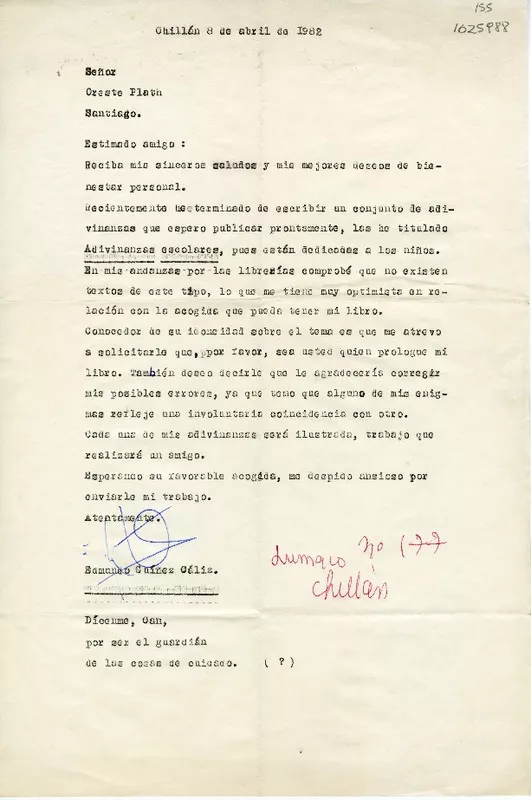 [Carta] 1982 abril 8, Chillán, Chile [a] Oreste Plath  [manuscrito] Edmundo Guiñez Celis.