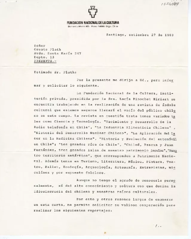 [Carta] 1983 septiembre 27, Santiago, Chile [a] Oreste Plath  [manuscrito] Eduardo Tagle Moreno.