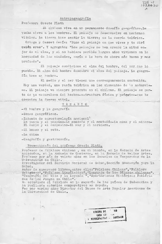 Antropogeografía  [manuscrito] Oreste Plath.