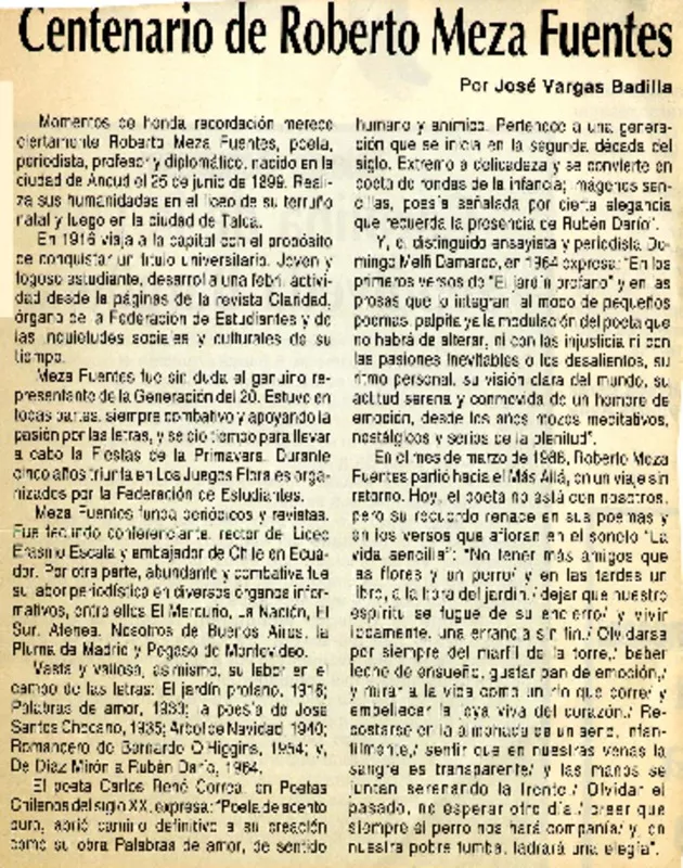 Centenario de Roberto Meza Fuentes  [artículo] José Vargas Badilla