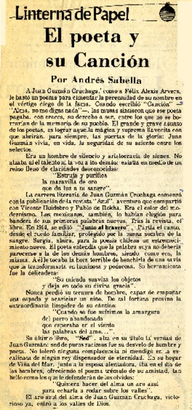 El poeta y su canción  [artículo] Andrés Sabella.
