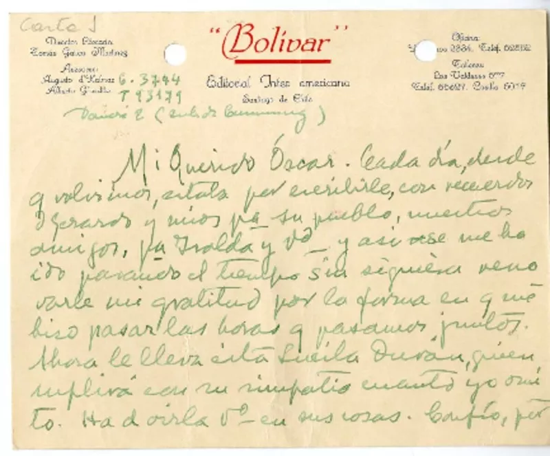 Valparaíso, Chile [a] Oscar Castro [manuscrito] Augusto D'Halmar.