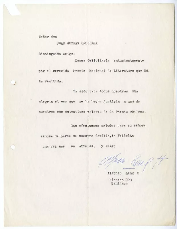 [Carta] 1962, Santiago, Chile [a] Juan Guzmán Cruchaga  [manuscrito] Alfonso Leng.
