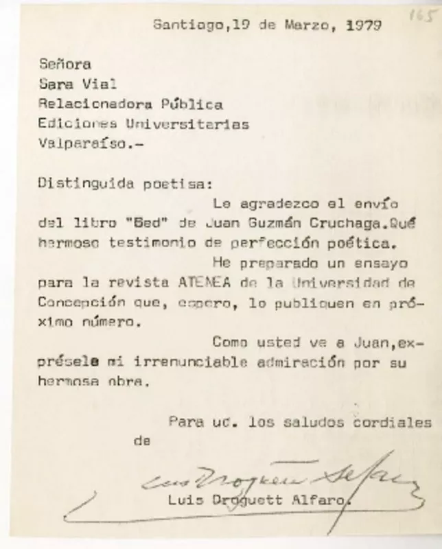 [Carta] 1979 marzo 19, Santiago, Chile [a] Sara Vial  [manuscrito] Luis Droguett Alfaro.