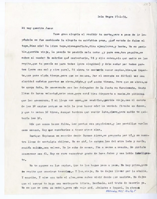 [Carta] 1974 enero 27, Isla Negra, Chile [a] Juan Guzmán Cruchaga  [manuscrito] Hernán del Solar.