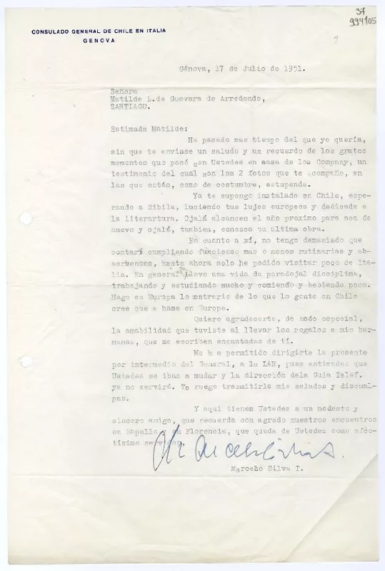 [Carta] 1951 julio 17, Génova, [Italia] [a] Matilde L. de Guevara de Arredondo, Santiago  [manuscrito] Marcelo Silva Temme.