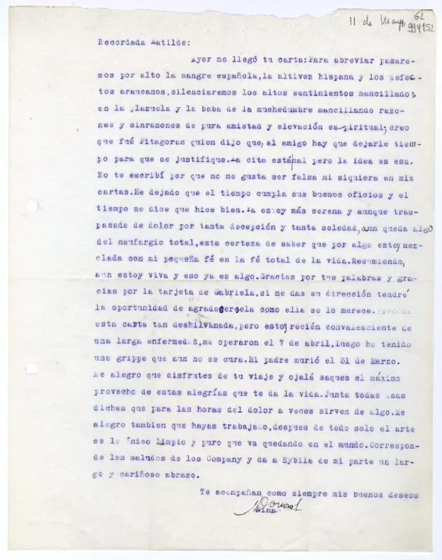 [Carta] [1953] mayo 11, Santiago, [Chile] [a] Recordada Matilde  [manuscrito] Nina Donoso.