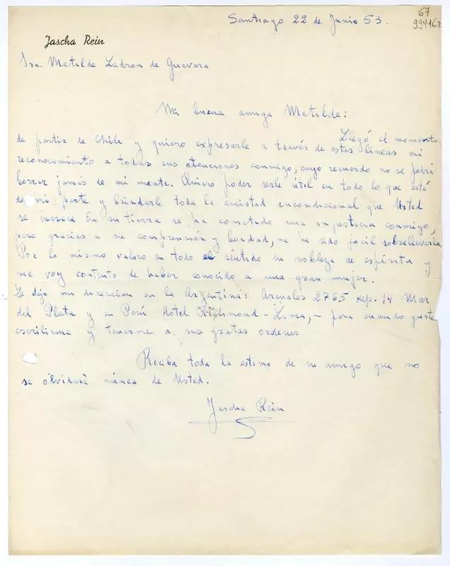 [Carta] 1953 junio 22, Santiago, Chile [a] Matilde Ladrón de Guevara  [manuscrito] Jascha Rein.