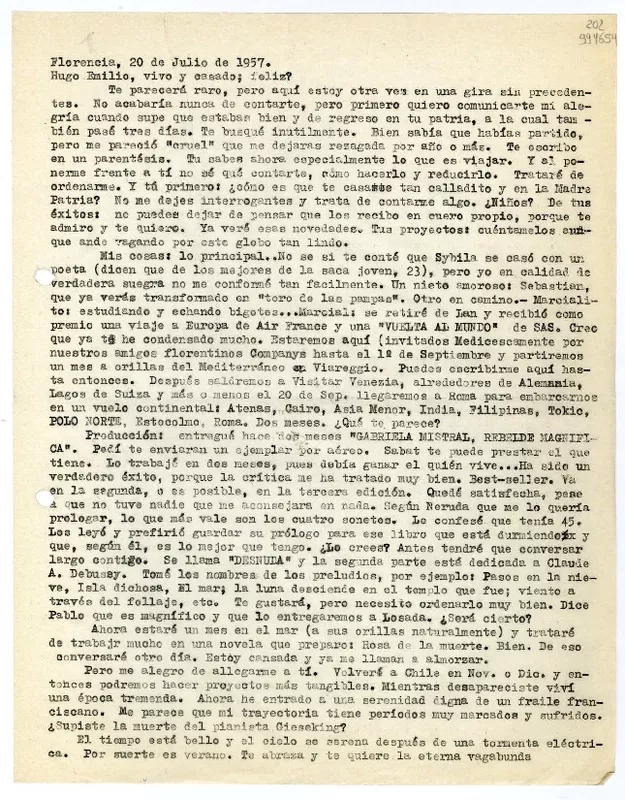 [Carta] 1957 julio 20, Florencia [a] Hugo Emilio [Pedemonte]  [manuscrito] [Matilde Ladrón de Guevara].
