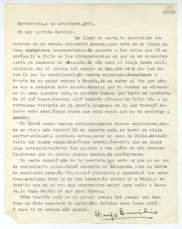 [Carta] 1957 septiembre 5, Montevideo [a] Mi muy querida Matilde [Ladrón de Guevara]  [manuscrito] Hugo Emilio [Pedemonte].