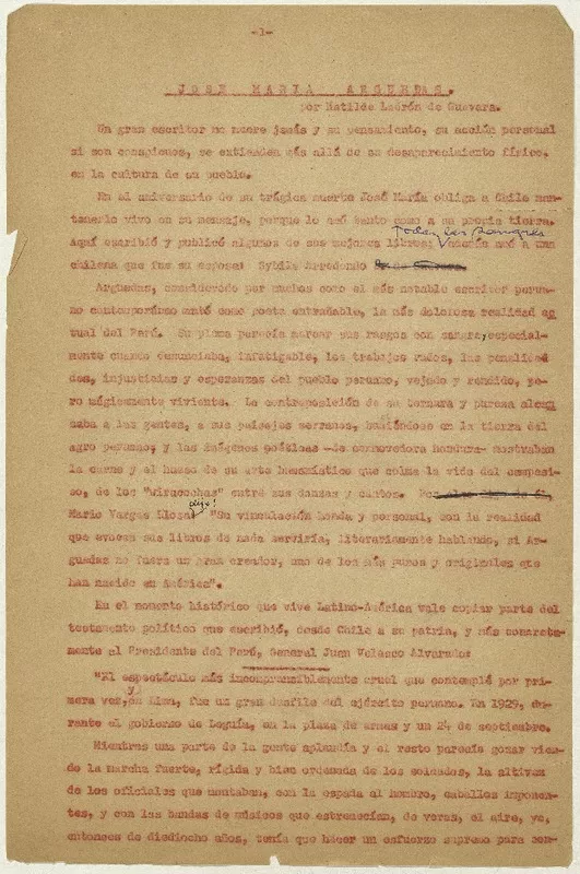José María Arguedas  [manuscrito] Matilde Ladrón de Guevara.