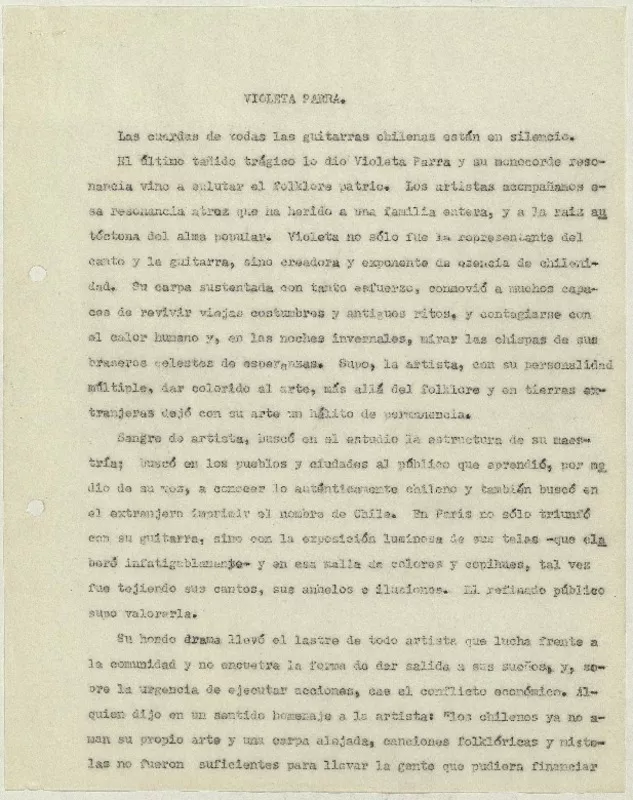 Violeta Parra  [manuscrito] Matilde Ladrón de Guevara.