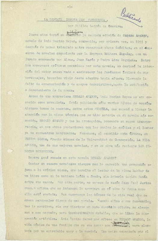 La díficil innovación novelesca  [manuscrito] Matilde Ladrón de Guevara.