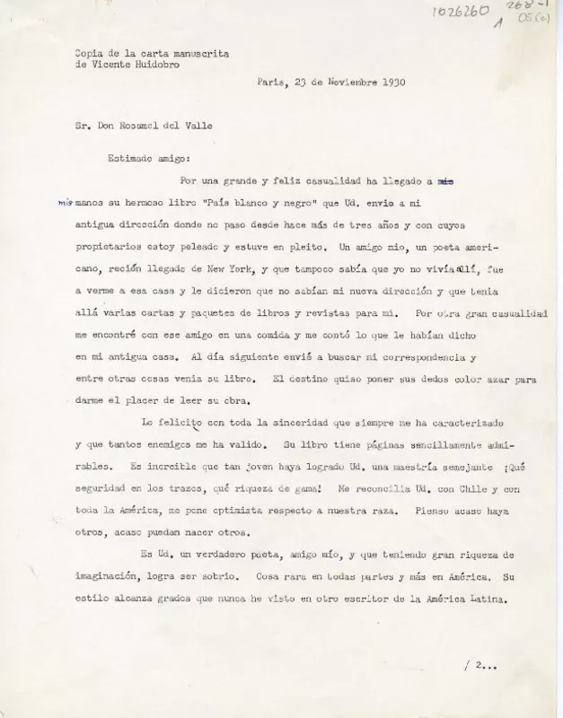 [Cartas]1930 noviembre 23 y 1931 junio 5, París, Francia [a] Rosamel del Valle  [manuscrito] Vicente Huidobro ; transcripción de Oreste Plath.