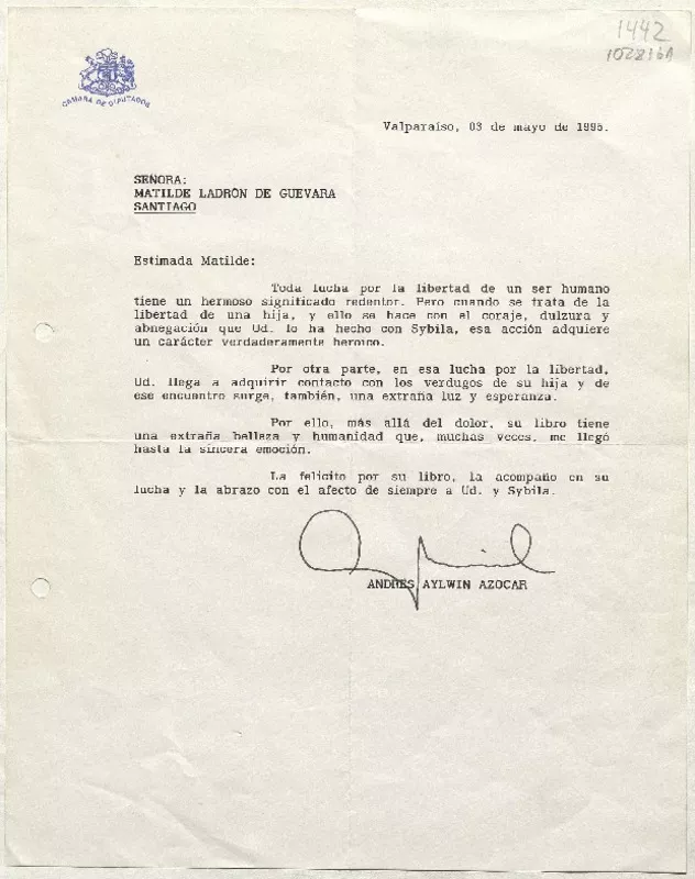 [Carta] 1995 mayo 3, Valparaíso, Chile [a] Matilde Ladrón de Guevara  [manuscrito] Andrés Aylwin Azócar.