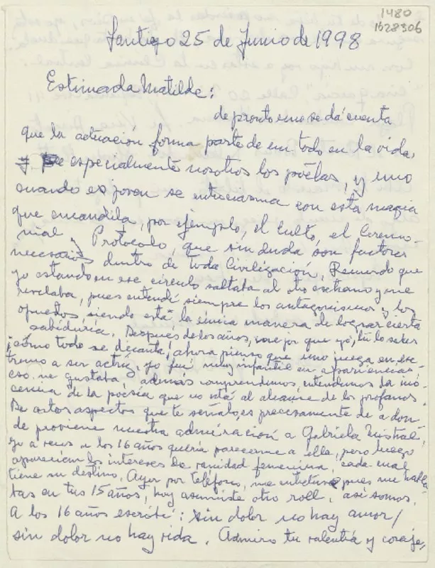 [Carta] 1998 junio 25, Santiago, Chile [a] Matilde Ladrón de Guevara  [manuscrito] Carmen Gaete Nieto del Río.