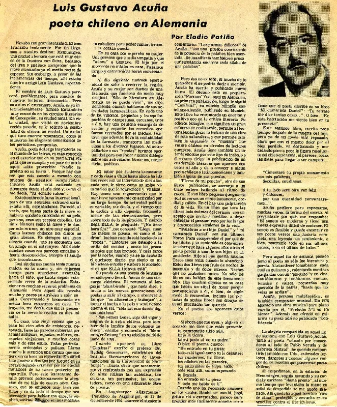 Luis Gustavo Acuña poeta chileno en Alemania  [artículo] Eladio Patiño.