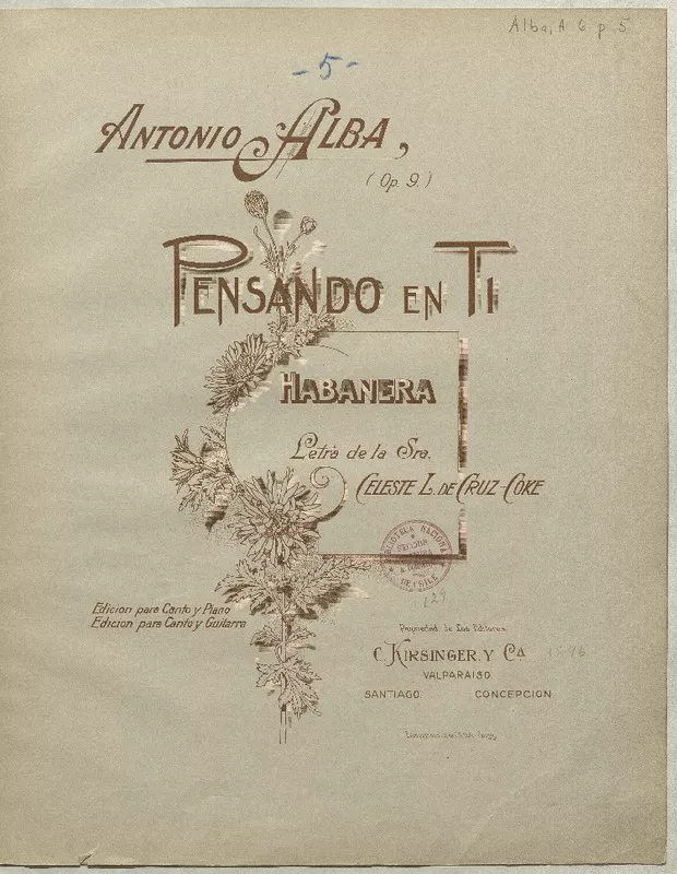 Pensando en tí habanera para canto y guitarra [música] : música de Antonio Alba ; letra de Celeste L. de Cruz-Coke.