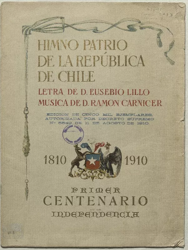 Himno patrio de la República de Chile [para canto y piano] [música] : música de D. Ramón Carnicer ; letra de D. Eusebio Lillo.